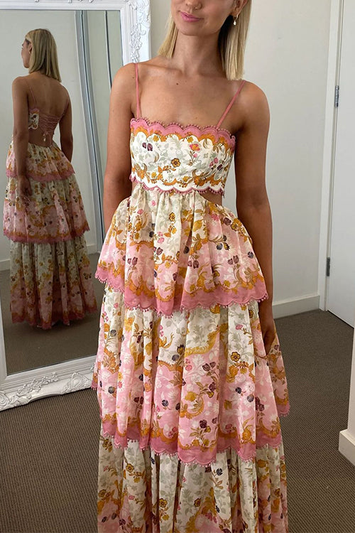 Mixiedress Spaghetti Strap Back Lace-up Ruffle Layered Floral Print Maxi Dress