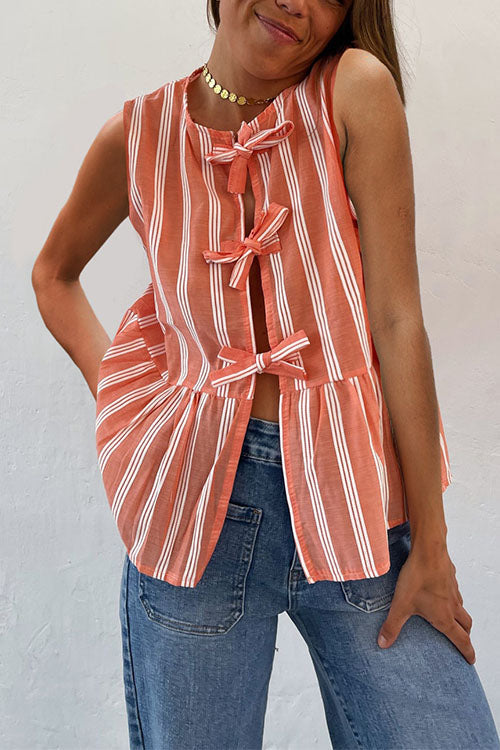 Mixiedress Crewneck Sleeveless Striped Ruffle Bow Top