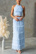 Mixiedress Frill Trim Halter Backless Crop Top and Drawstring Waist Maxi Skirt Set