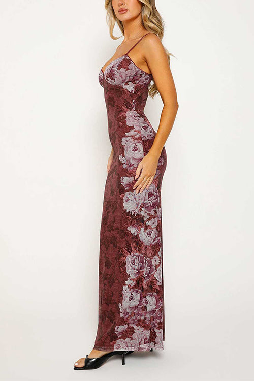 Mixiedress Spaghetti Strap V Neck Floral Print Bodycon Maxi Dress