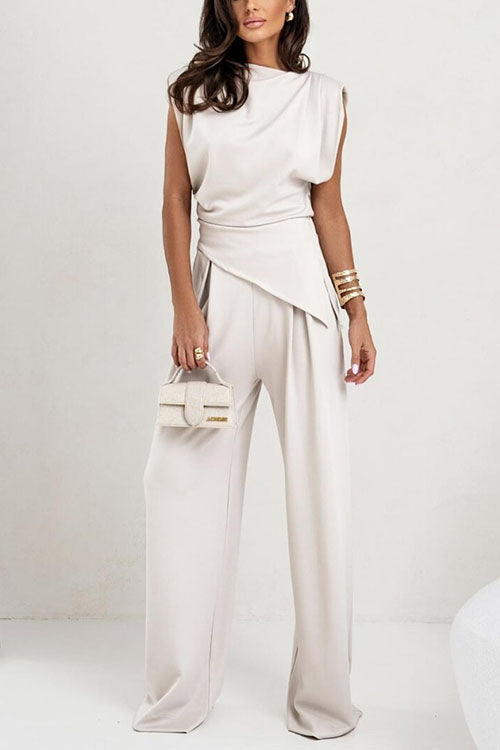 Mixiedress Ruched Asymmetrical Top and Wide Leg Pants Set