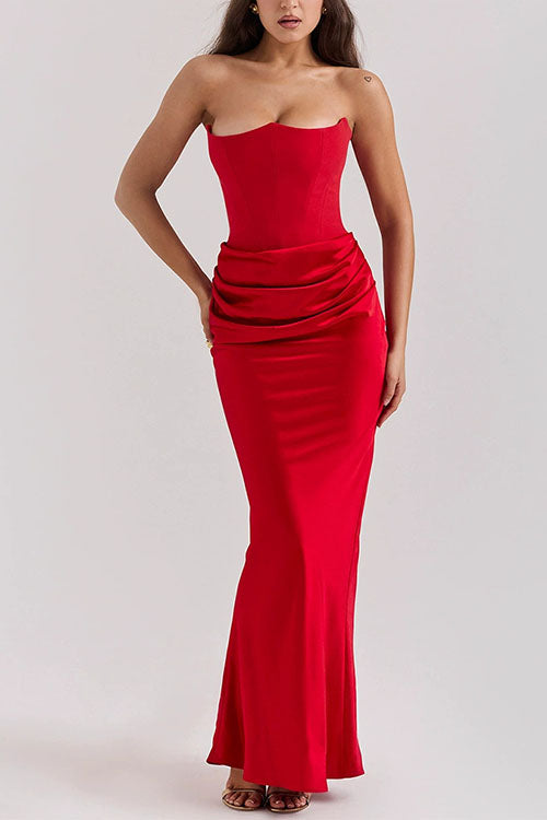 Mixiedress Strapless Ruched Satin Splice Bodycon Maxi Dress