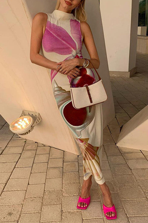 Mixiedress Mockneck Sleeveless Back Slit Floral Print Maxi Dress