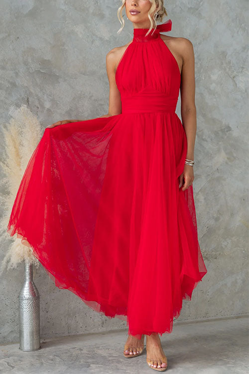 Mixiedress Bow Knot Halter Open Back Tulle Maxi Dress