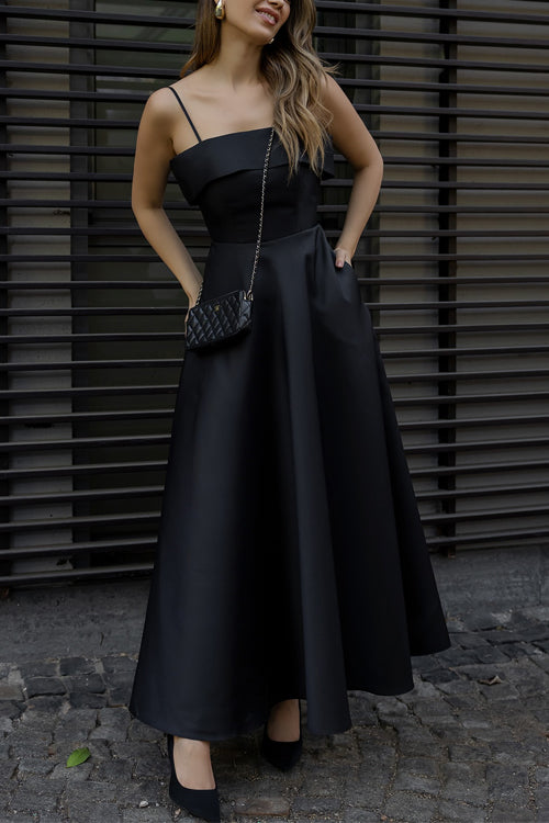 Mixiedress Spaghetti Strap Waisted A-line Satin Maxi Dress