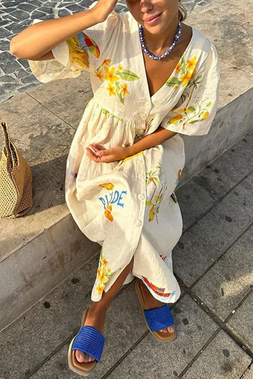 Mixiedress V Neck Button Down Tropic Print Sun-kissed Maxi Holiday Dress