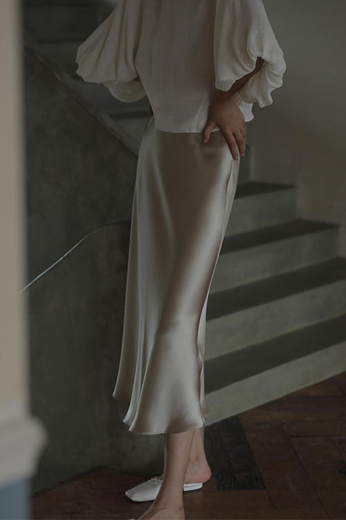 Mixiedress Elegant High Waist Satin Midi Skirt