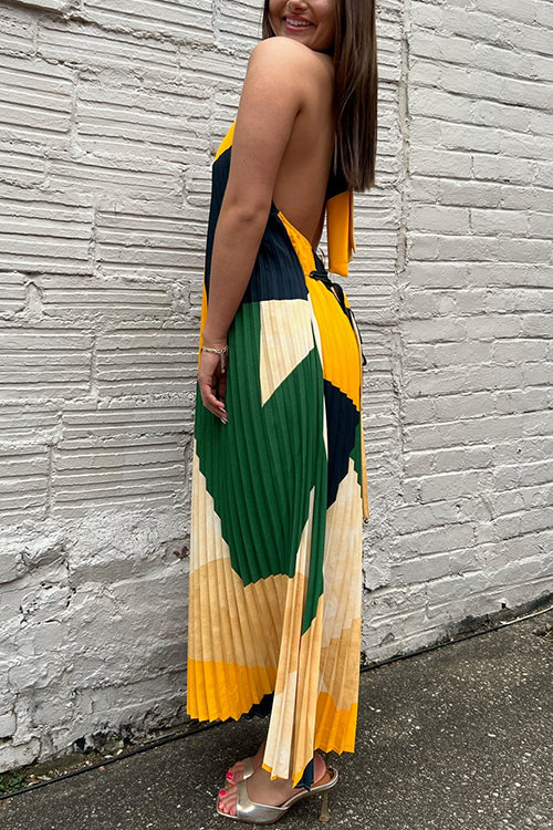 Mixiedress Halter Backless Color Block Printed Maxi Pleated Dress