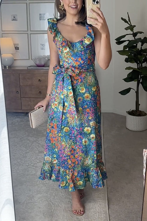 Sleeveless Ruffle Trim Bow Waist Floral Print Midi Vacation Dress