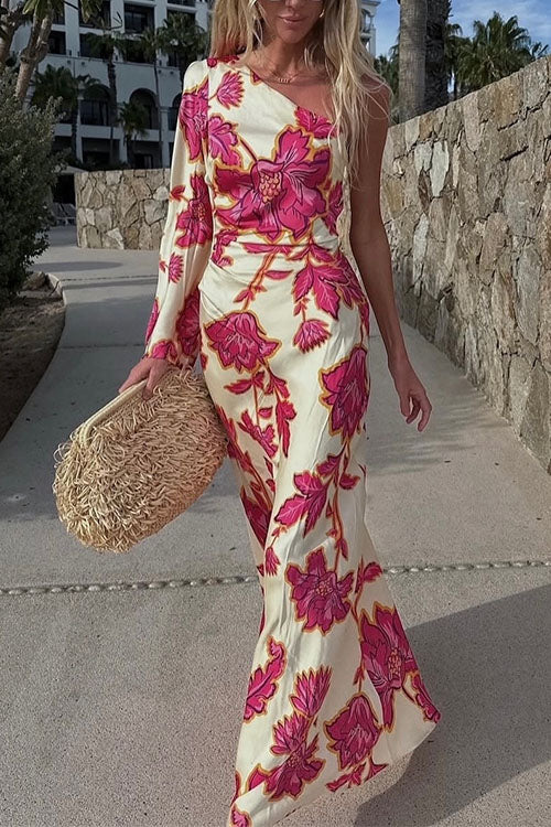 Mixiedress One Shoulder Long Sleeve Floral Print Maxi Dress