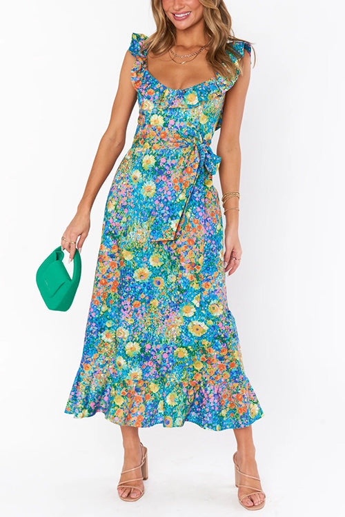 Sleeveless Ruffle Trim Bow Waist Floral Print Midi Vacation Dress