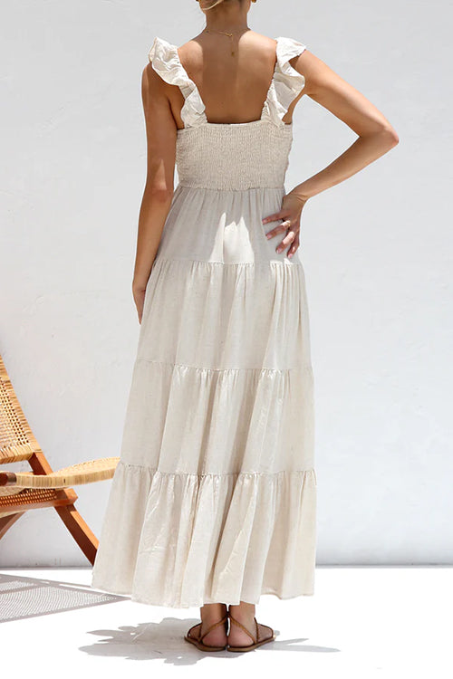 Mixiedress V Neck Ruffle Trim Tiered Sleeveless Linen Maxi Dress