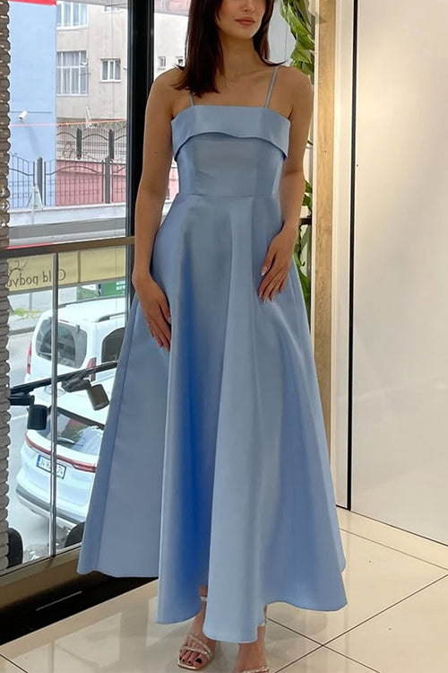 Mixiedress Spaghetti Strap Waisted A-line Satin Maxi Dress