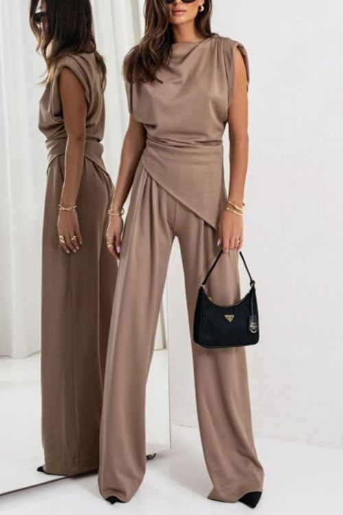Mixiedress Ruched Asymmetrical Top and Wide Leg Pants Set