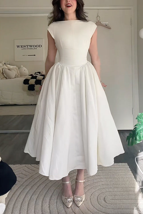 Mixiedress Cap Sleeves Open Back Waisted Swing Midi Dress