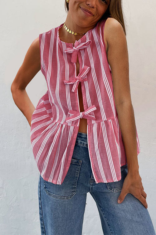 Mixiedress Crewneck Sleeveless Striped Ruffle Bow Top