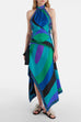 Mixiedress Printed Halter Tie Knot Backless Top and Irregular Hem Maxi Skirt Set