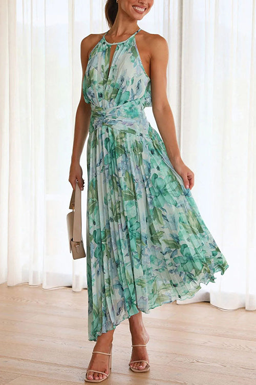 Mixiedress V Neck Waisted Cut Out Floral Pleated Maxi Dress