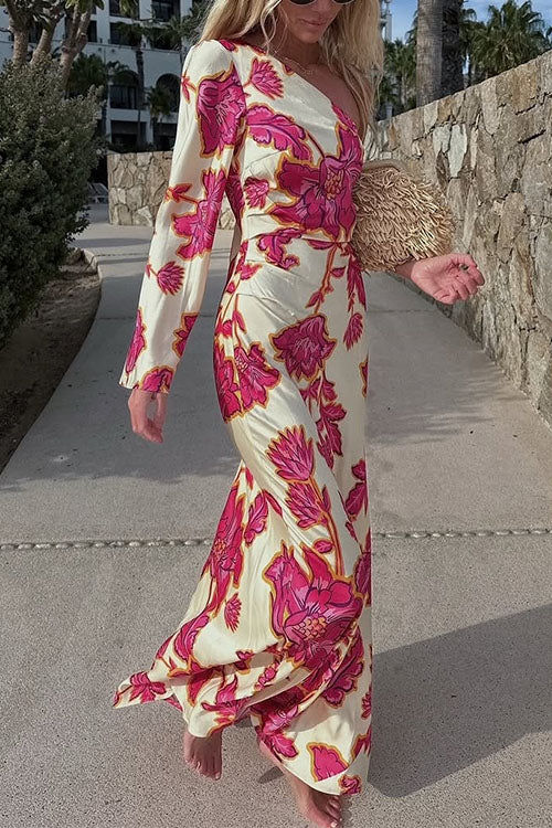 Mixiedress One Shoulder Long Sleeve Floral Print Maxi Dress