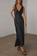 Mixiedress V Neck Sleeveless Tie Back Satin Maxi Dress