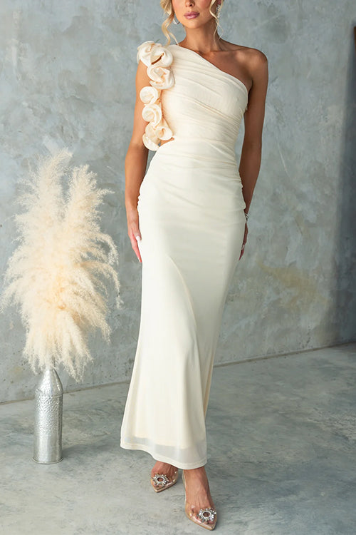 Ruffle Slant Shoulder Cut Out Waist Bodycon Maxi Dress