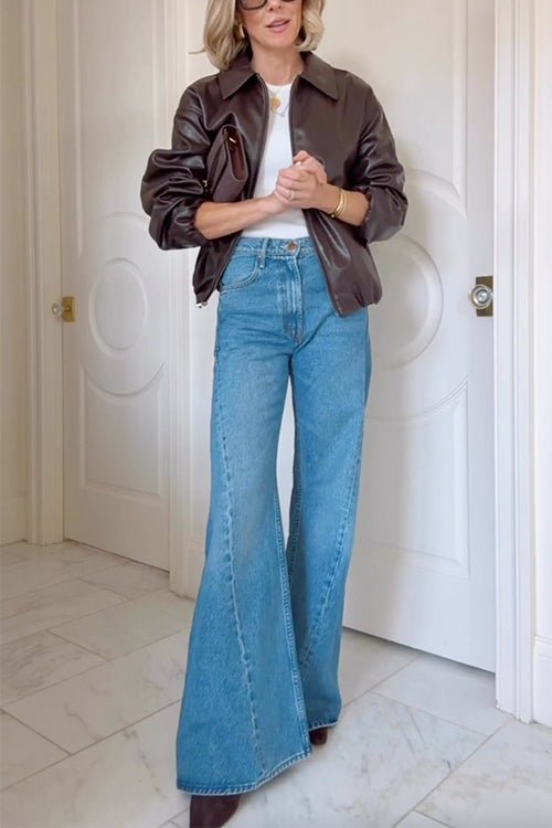 Mixiedress Lapel Zip Up Faux Leather Bomber Jacket