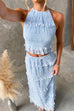 Mixiedress Frill Trim Halter Backless Crop Top and Drawstring Waist Maxi Skirt Set