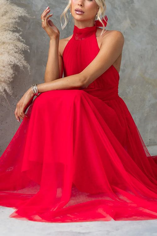 Mixiedress Bow Knot Halter Open Back Tulle Maxi Dress