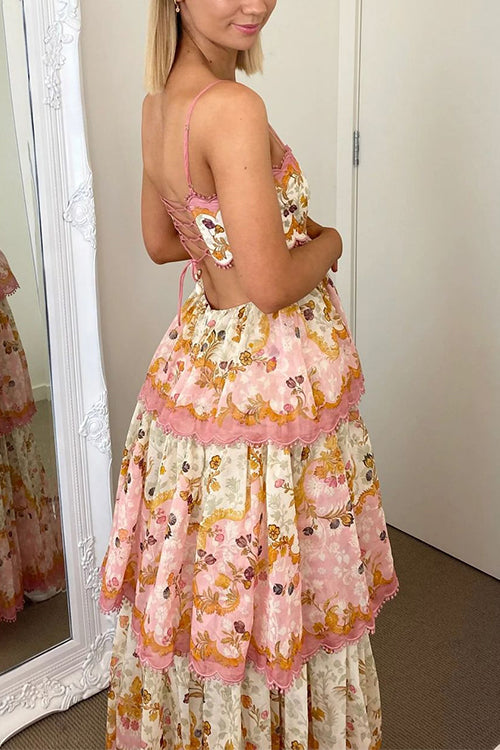 Mixiedress Spaghetti Strap Back Lace-up Ruffle Layered Floral Print Maxi Dress