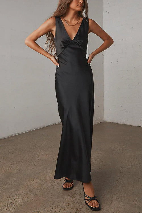 Mixiedress V Neck Sleeveless Tie Back Satin Maxi Dress