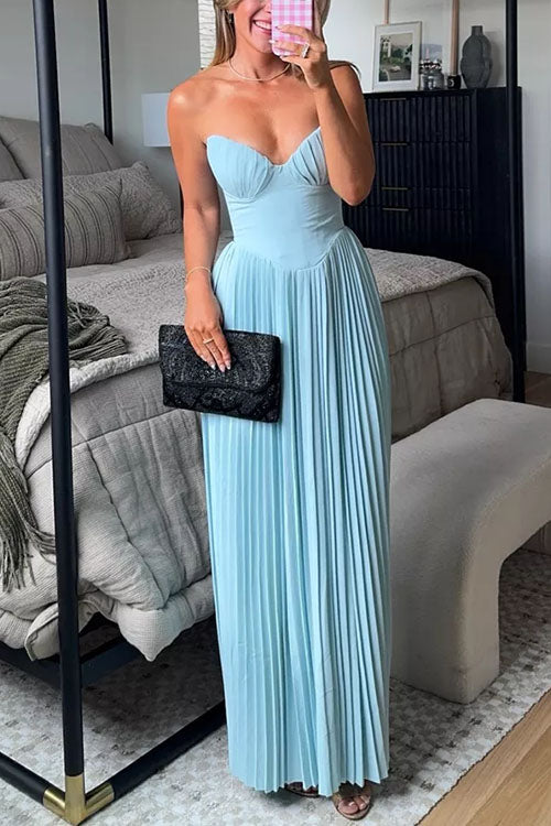 Mixiedress Strapless V Neck Corset Pleated Maxi Dress