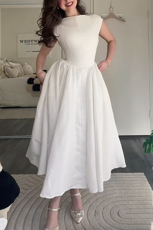 Mixiedress Cap Sleeves Open Back Waisted Swing Midi Dress