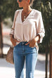 Mixiedress V Neck Roll Up Long Sleeves Blouse Shirt