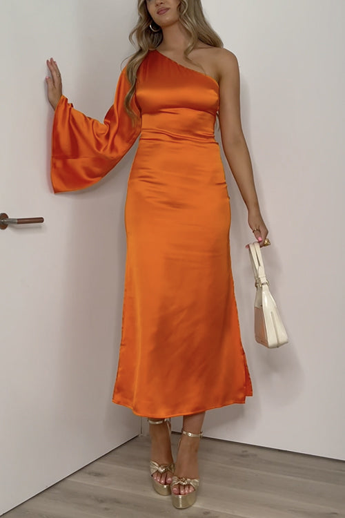 One Shoulder Bell Sleeve Side Slit Satin Midi Dress