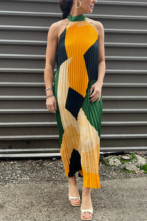 Mixiedress Halter Backless Color Block Printed Maxi Pleated Dress