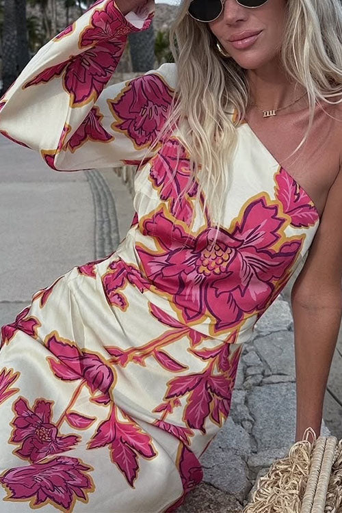 Mixiedress One Shoulder Long Sleeve Floral Print Maxi Dress