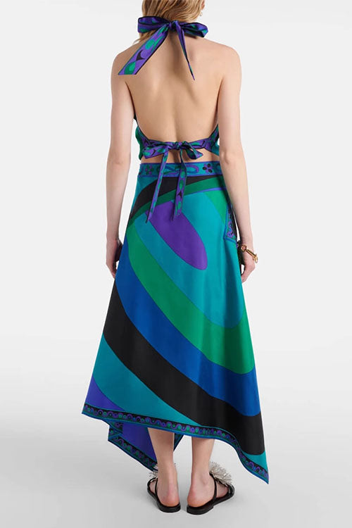 Mixiedress Printed Halter Tie Knot Backless Top and Irregular Hem Maxi Skirt Set