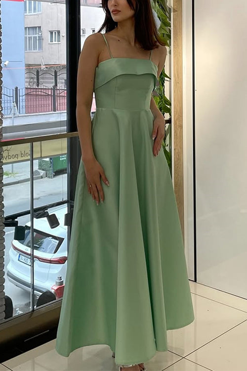 Mixiedress Spaghetti Strap Waisted A-line Satin Maxi Dress