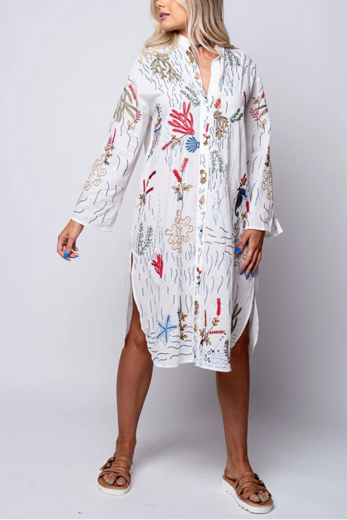 Mixiedress V Neck Long Sleeves Side Split Embroidery Shirt Dress
