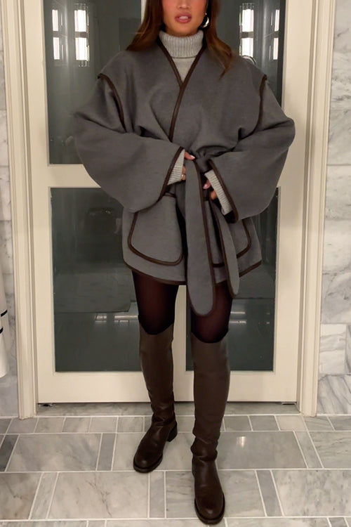 Mixiedress Open Front Pocketed Splice Coat with Belt