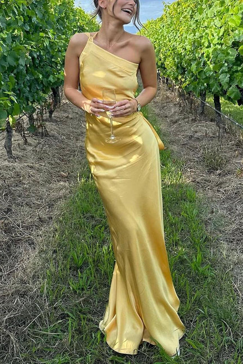 Mixiedress One Shoulder Open Back Tie Knot Satin Maxi Dress