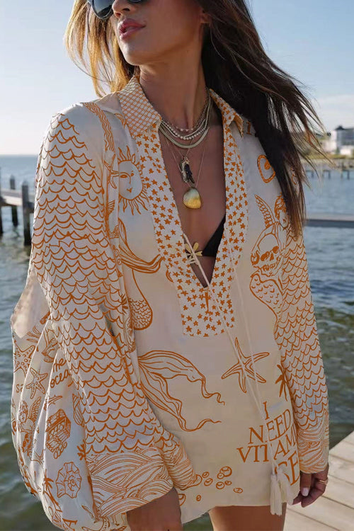 Mixiedress Collared V Neck Shirt and Side Slit Shorts Vitamin Sea Print Set