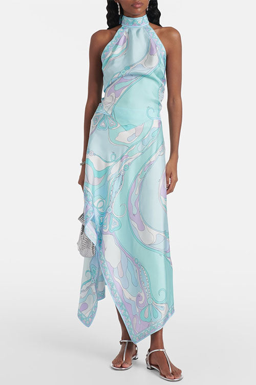 Mixiedress Printed Halter Tie Knot Backless Top and Irregular Hem Maxi Skirt Set