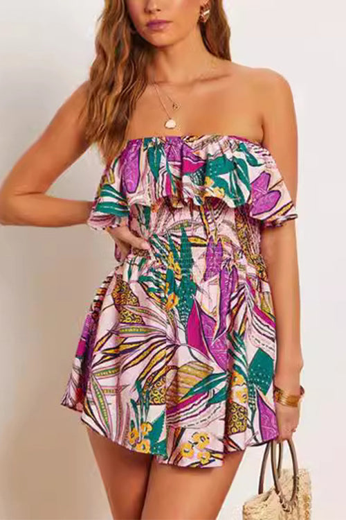 Mixiedress Ruffle Off Shoulder Smocked Waist Printed Mini Dress