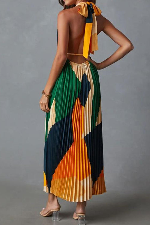 Mixiedress Halter Backless Color Block Printed Maxi Pleated Dress