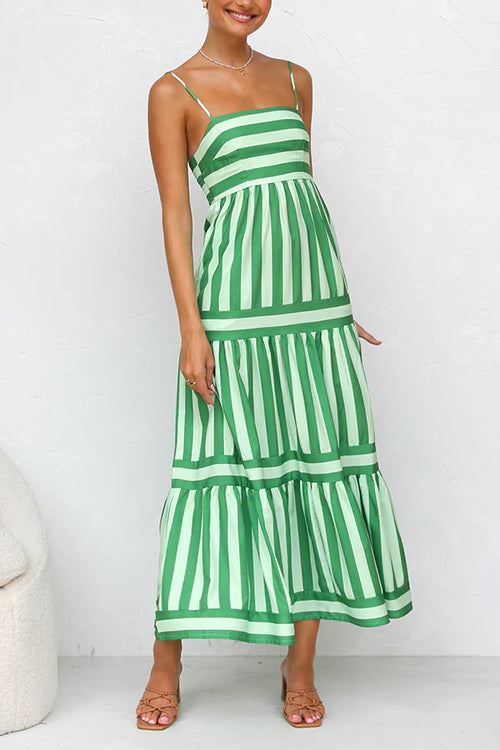 Mixiedress Spaghetti Strap Tiered Color Block Striped Maxi Dress