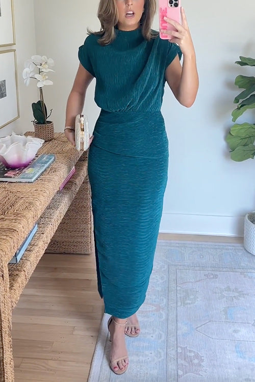 Mockneck Short Sleeves Waisted Side Slit Midi Dress