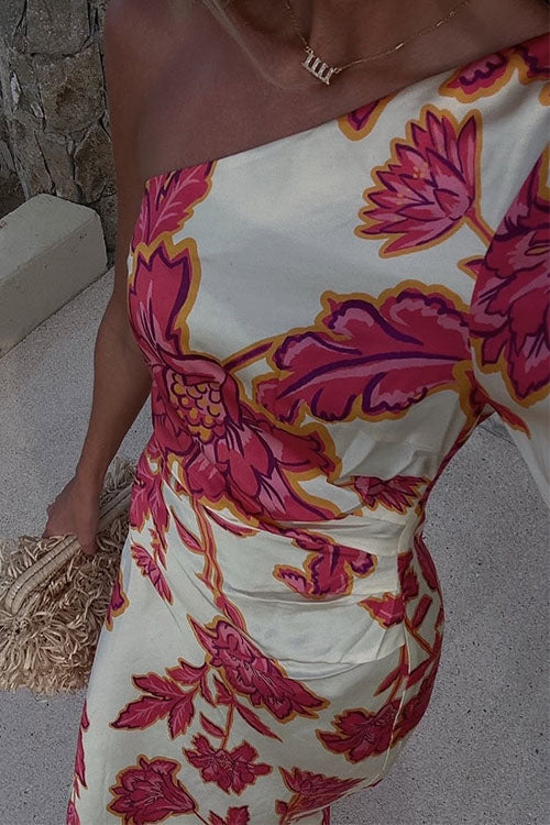 Mixiedress One Shoulder Long Sleeve Floral Print Maxi Dress