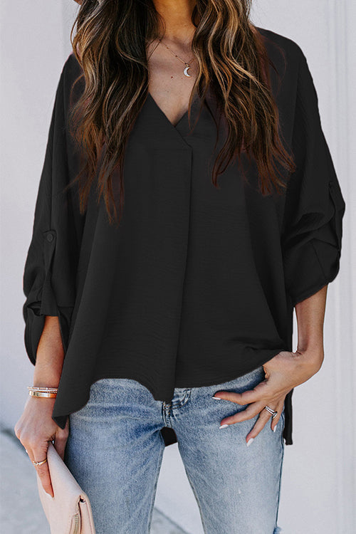 Mixiedress V Neck Roll Up Long Sleeves Blouse Shirt
