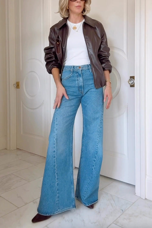 Mixiedress Lapel Zip Up Faux Leather Bomber Jacket